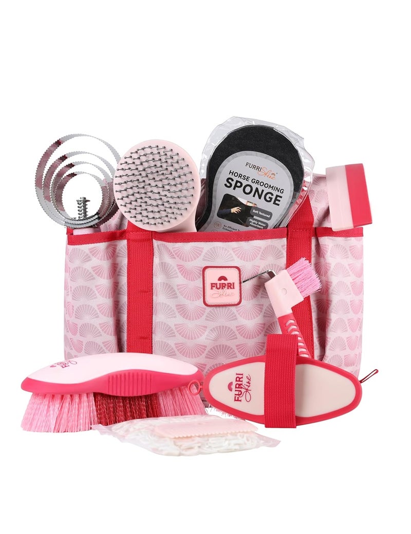 Furrishine 9PCS Horse Grooming Kit Curry Comb Sweat Scraper Horse Bathing Supplies Grooming Tools with Storage Bag Pink Garnet - Image 1